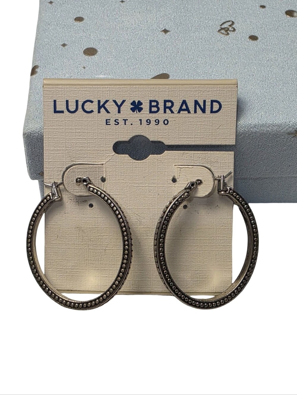 Lucky Brand Silver Tone Antiqued Beaded Hoop Earrings Round Boho Style